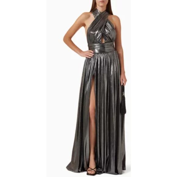 BRONX AND BANCO Metallic Dress Florence Halterneck Gown Cutout Gunmetal Gray 8 L - Picture 8 of 16